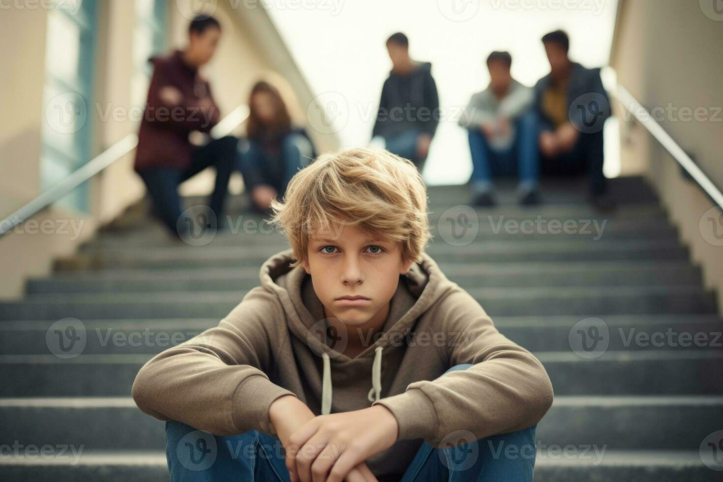 School boy sitting alone at stairs. Victim of school bullying. Generative AI photo