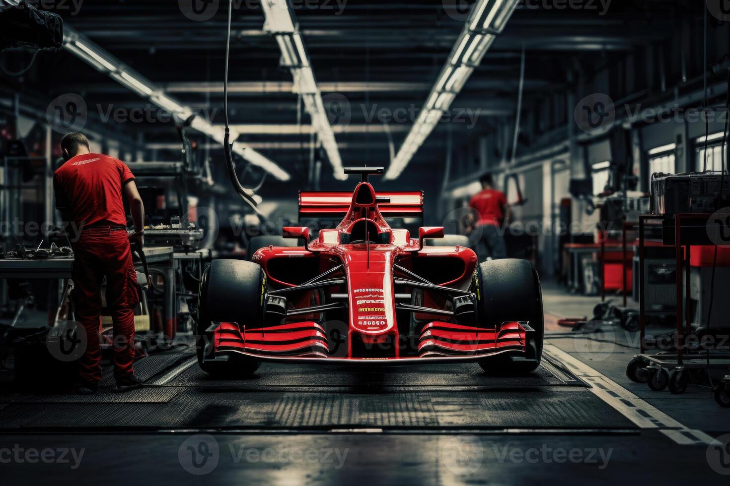 Formula one racing car in garage. photo