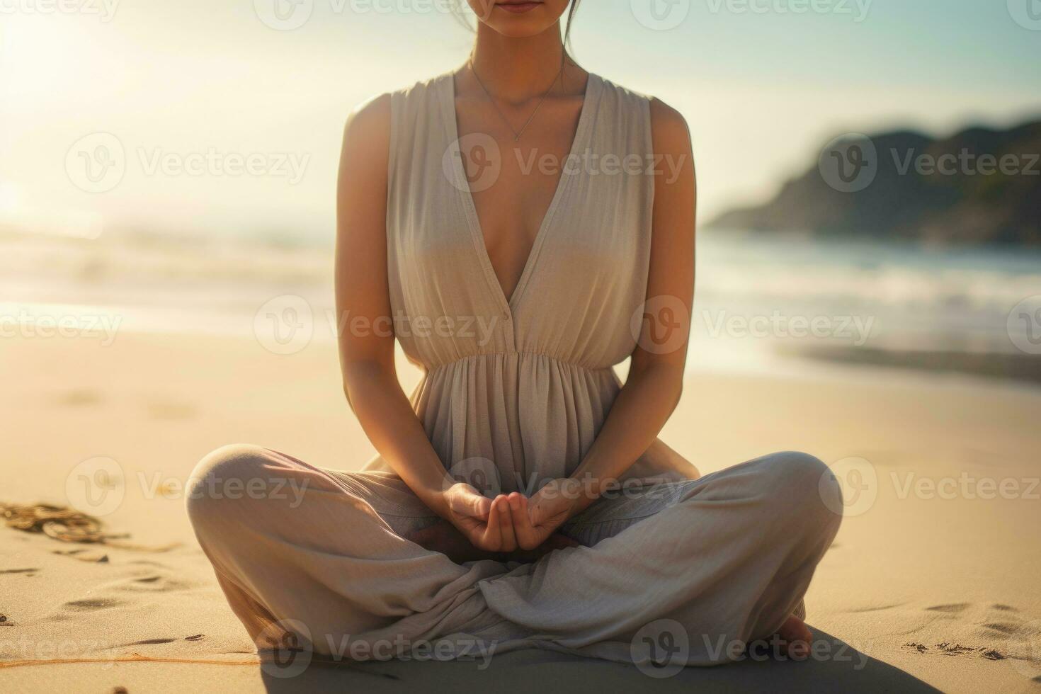 Woman meditating on beach. Mental health and meditation. Generative AI photo