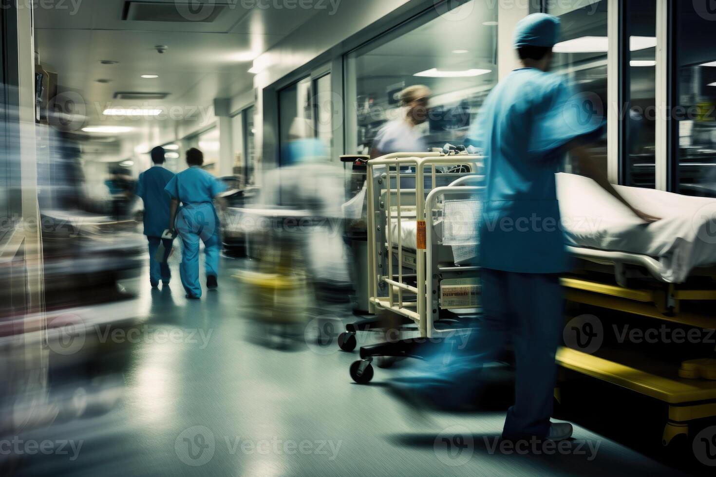 Hospital emergency team rush patient in clinic corridor. Generative AI photo