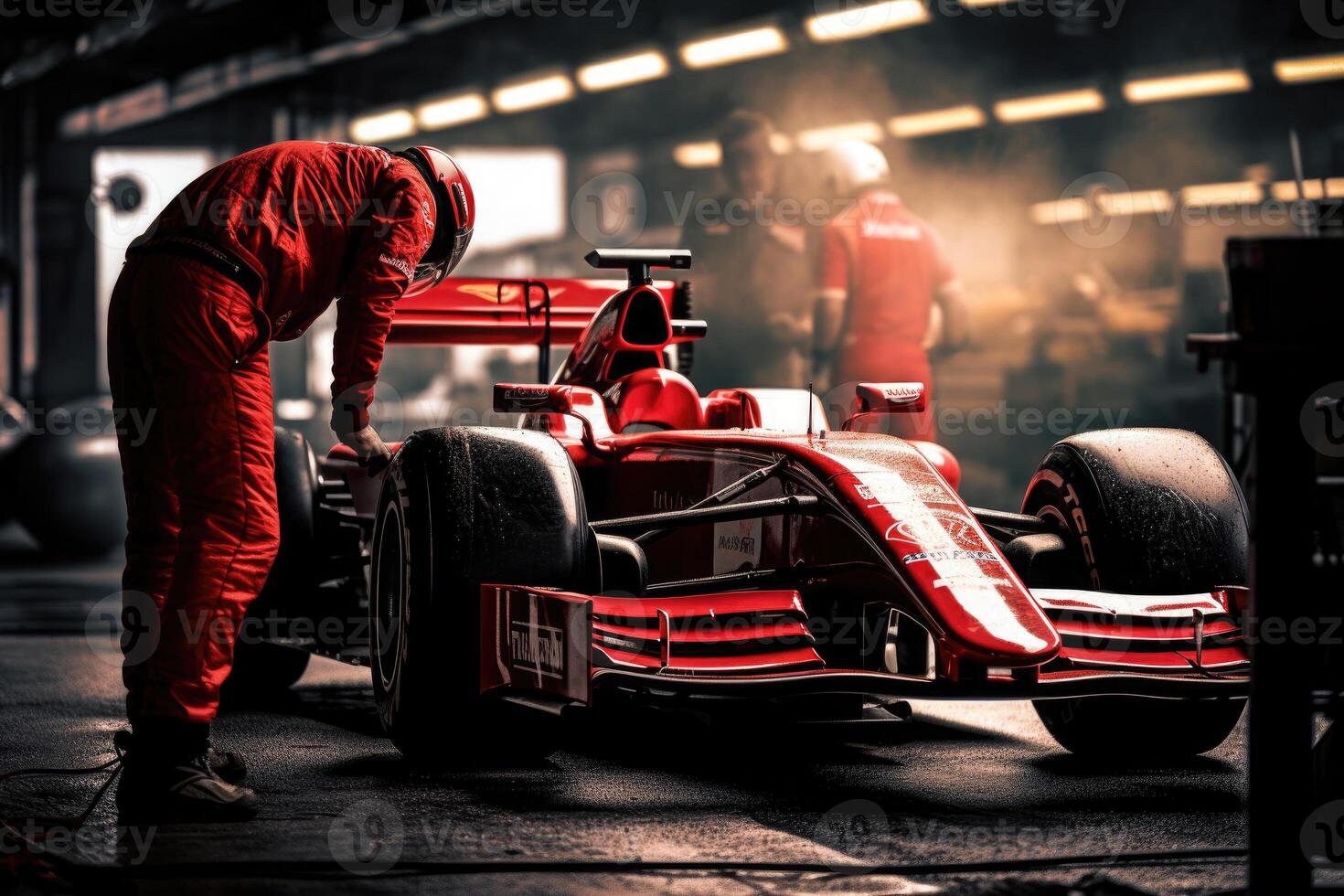 Formula one racing car in garage. photo