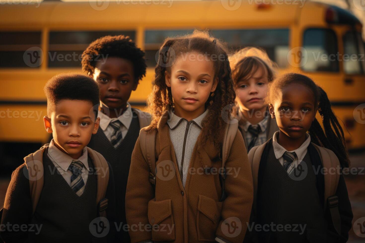 Multiracial classmates near yellow school bus. Back to School. photo