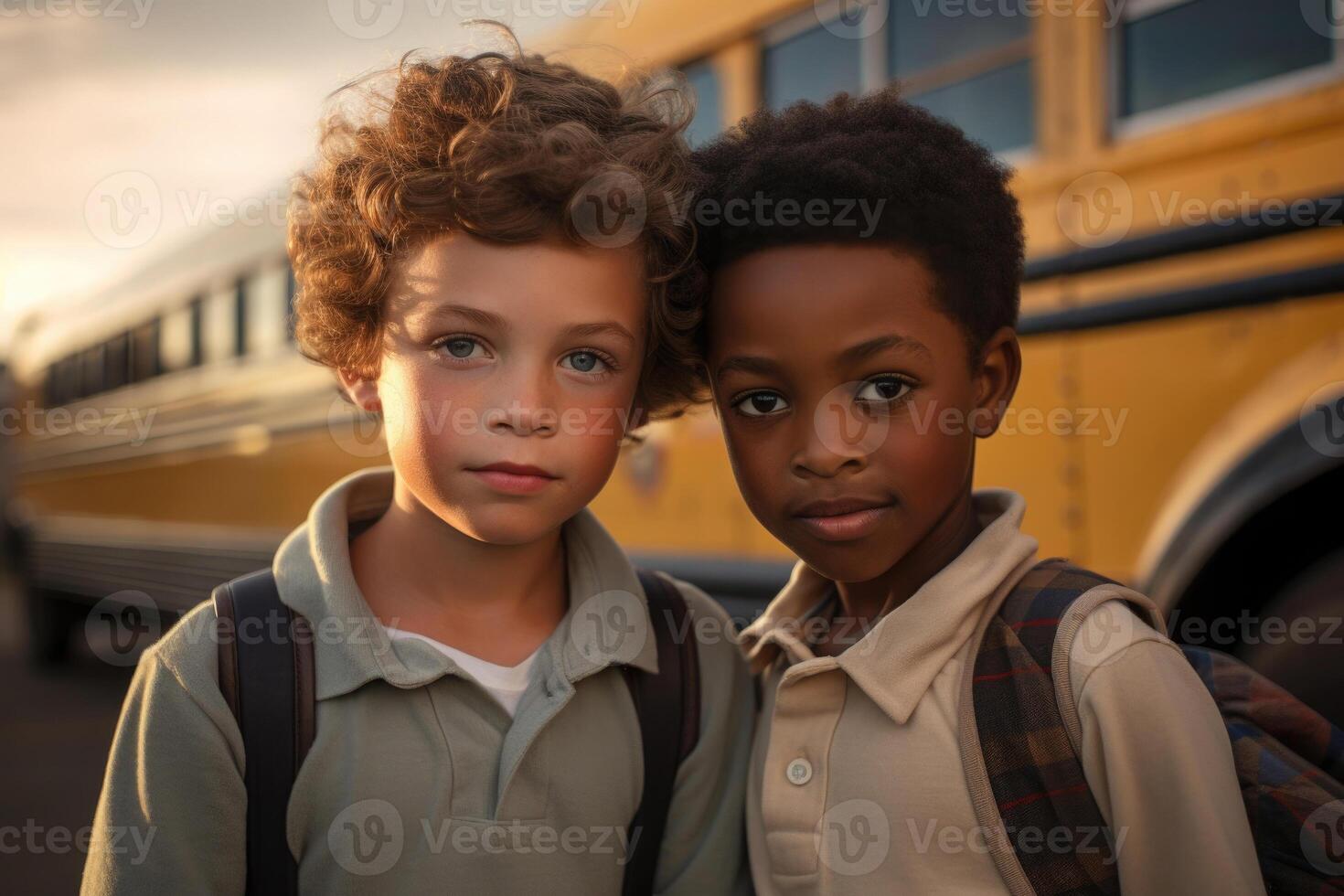 Multiracial classmates near yellow school bus. Back to School. photo