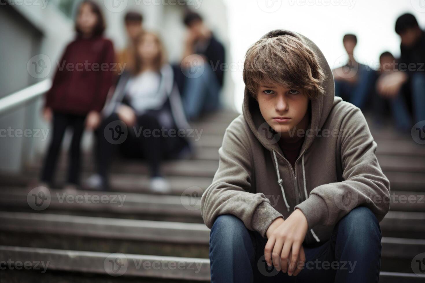 School boy sitting alone at stairs. Victim of school bullying. Generative AI photo