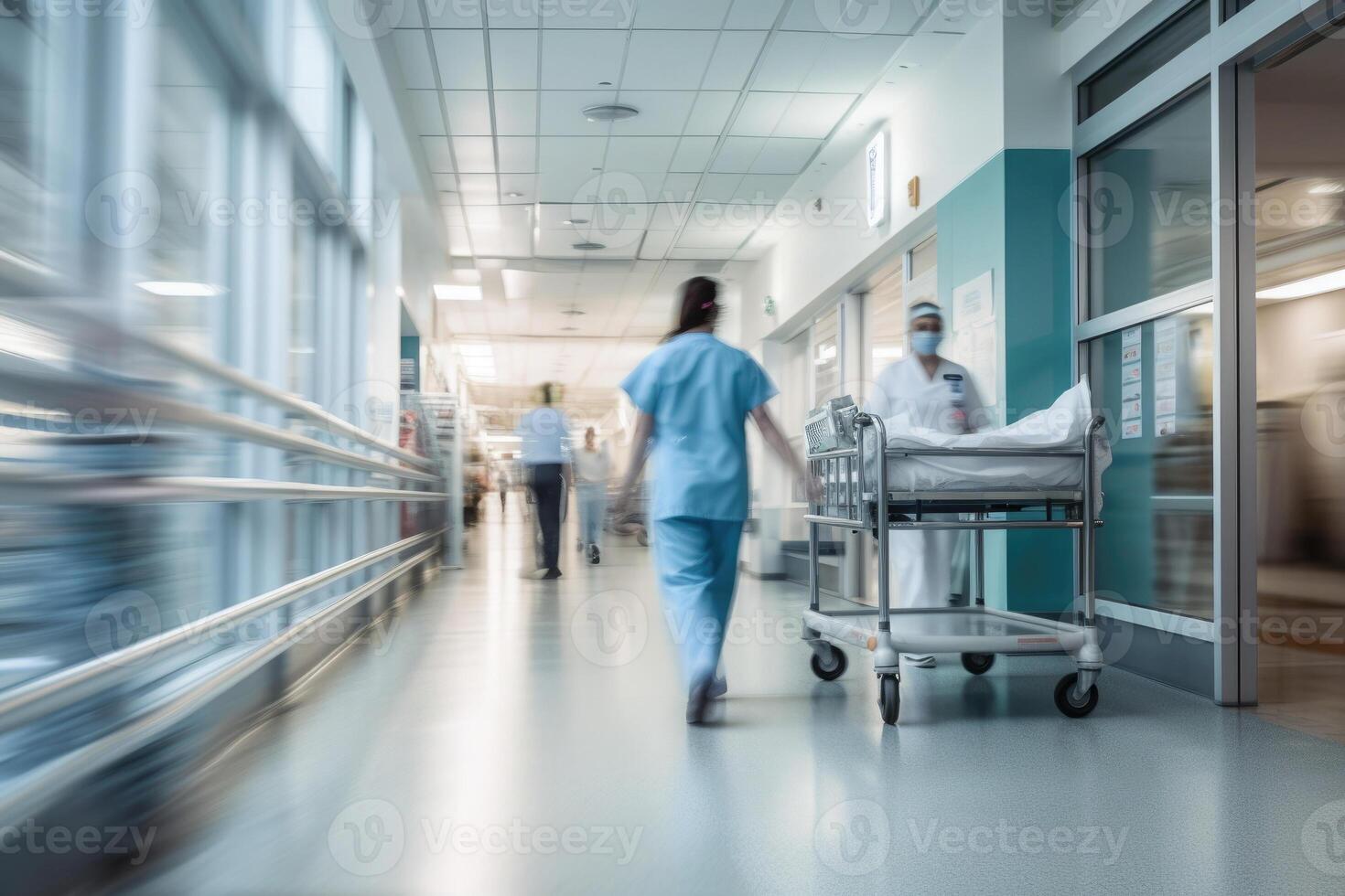 Hospital emergency team rush patient in clinic corridor. Generative AI photo