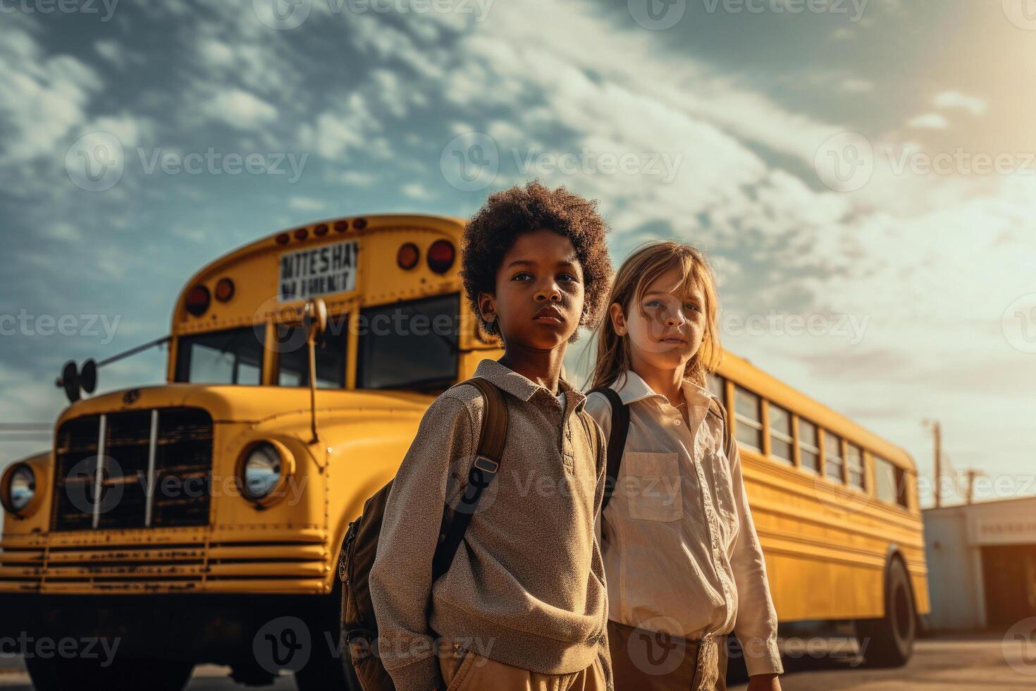 Multiracial classmates near yellow school bus. Back to School. photo