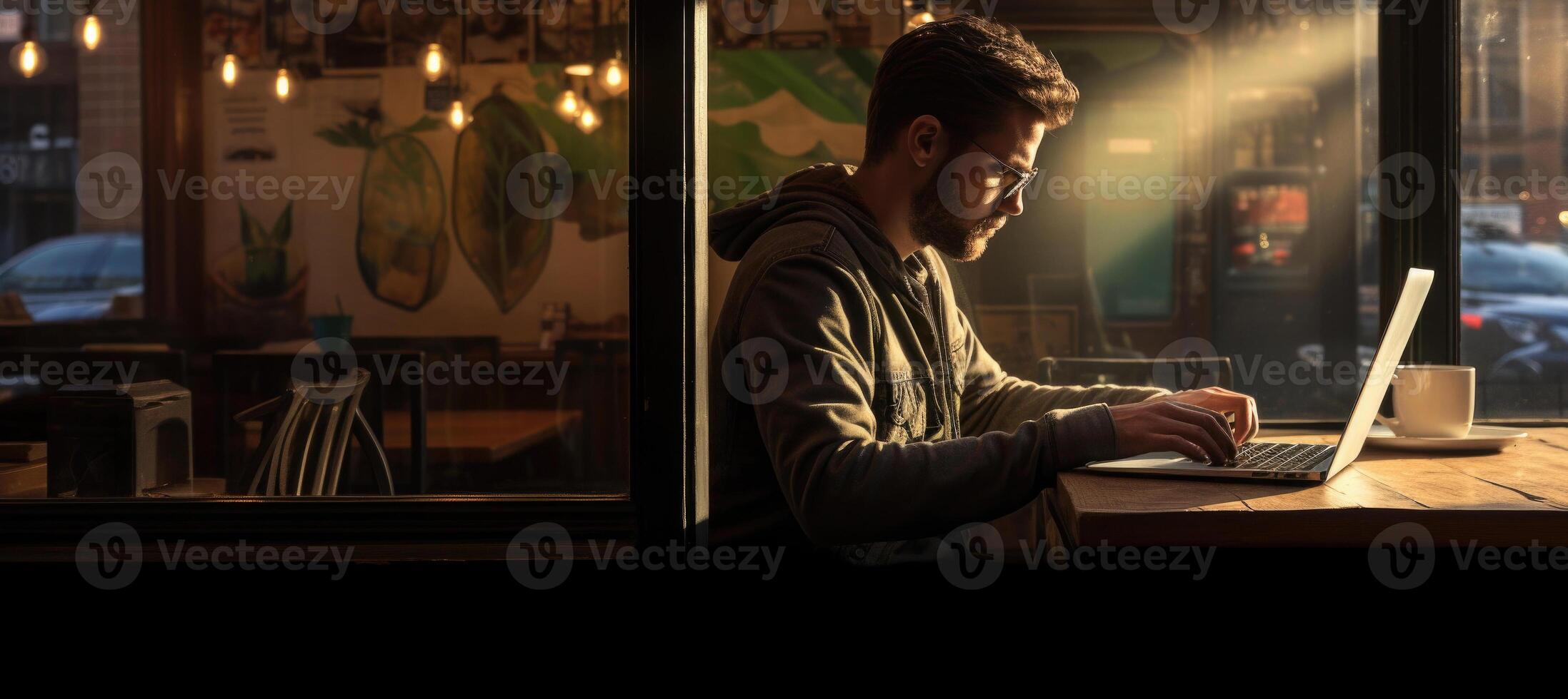 Man working in cafe, using laptop. Typing on keyboard. photo