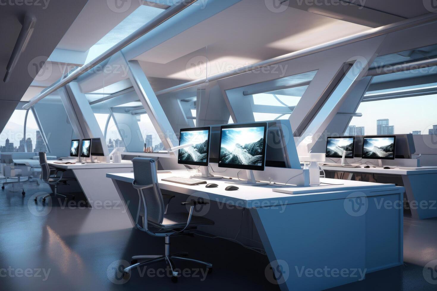 Modern office interior with computers for working. photo