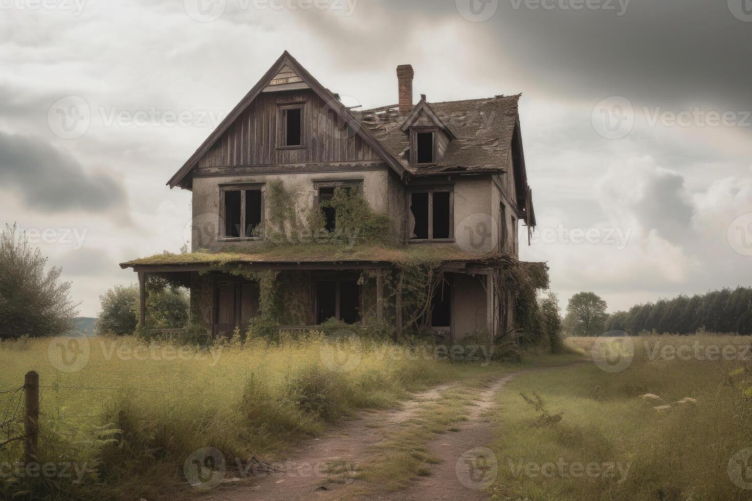 Abandoned house in the field. Generative AI photo