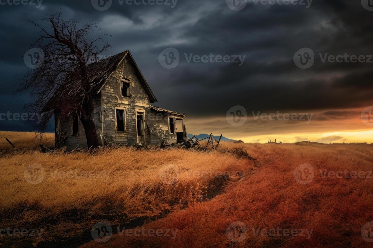 Abandoned house in the field. photo