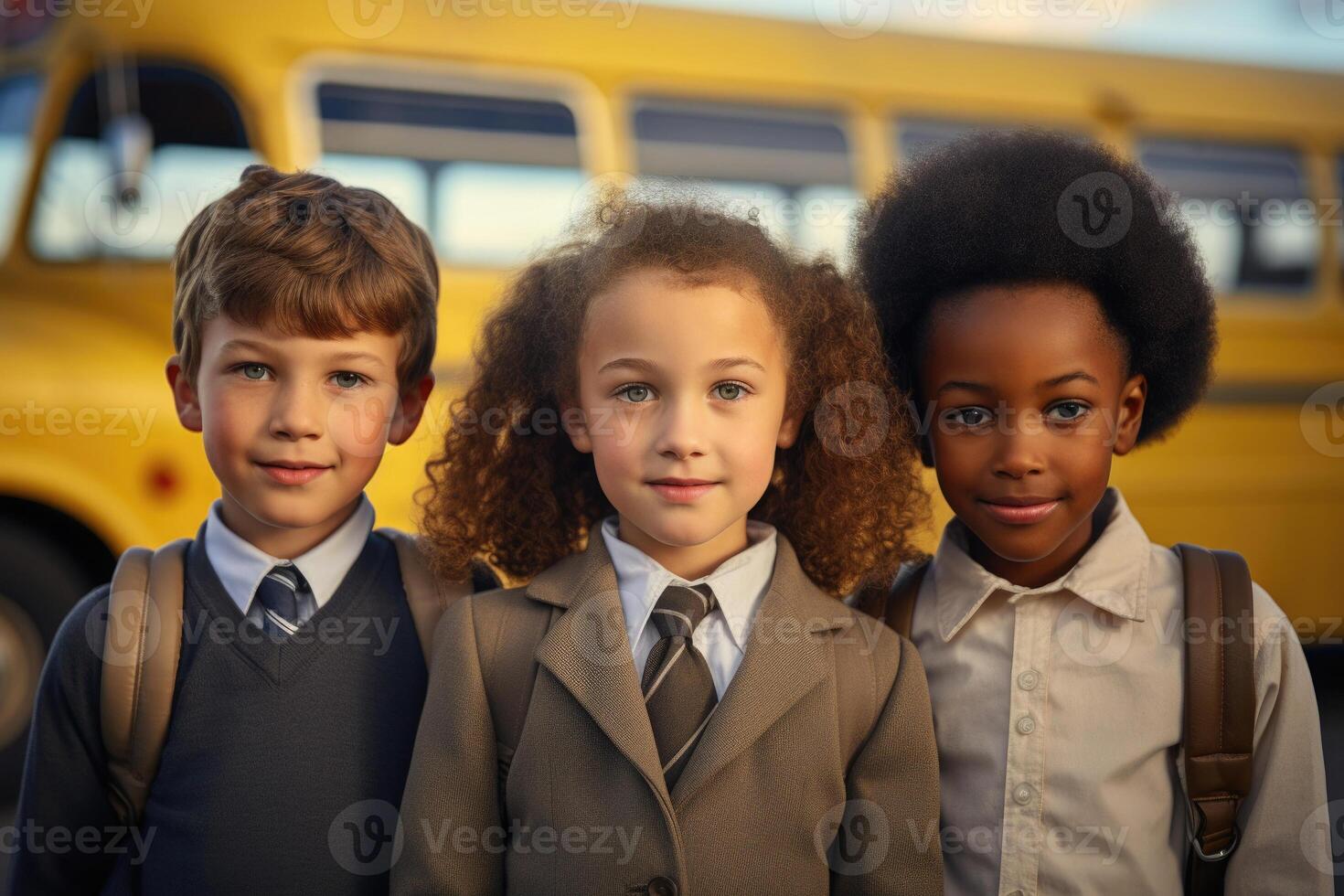 Multiracial classmates near yellow school bus. Back to School. photo