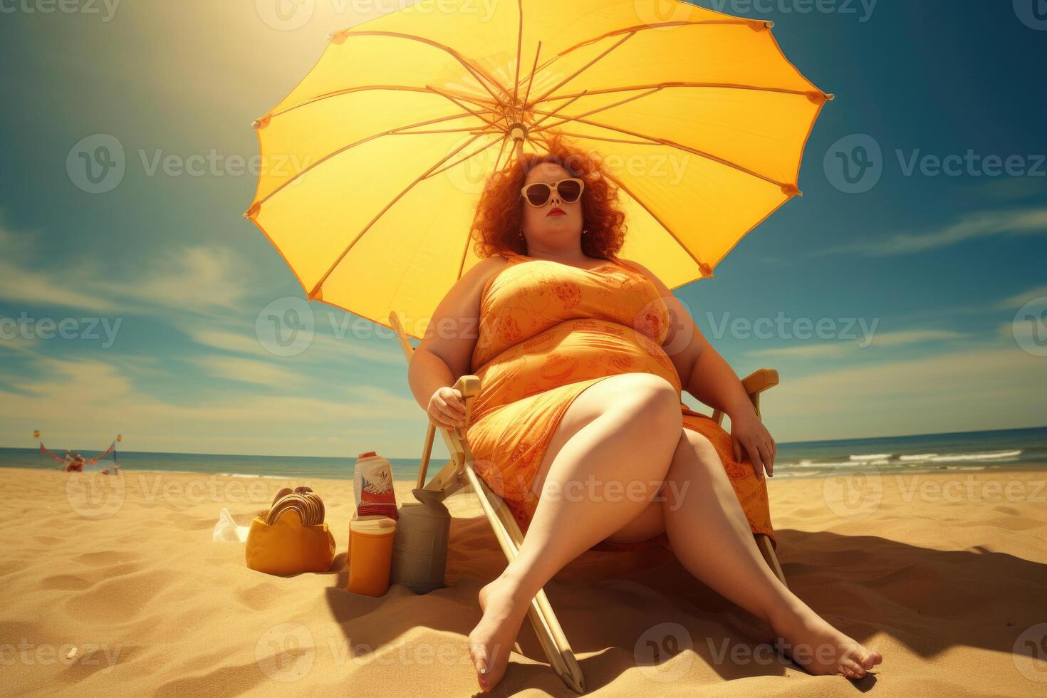 Plus size woman relaxing on beach. Obesity concept. photo