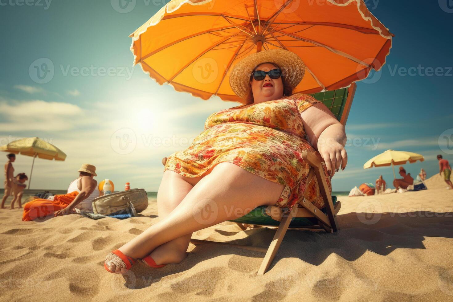 Plus size woman relaxing on beach. Obesity concept. Generative AI photo