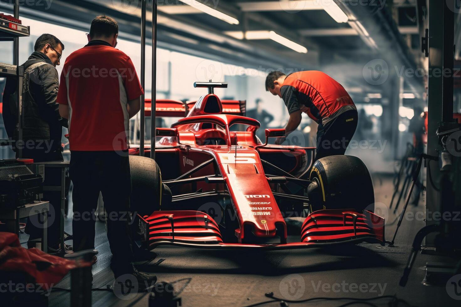 Formula one racing car in garage. Generative AI photo