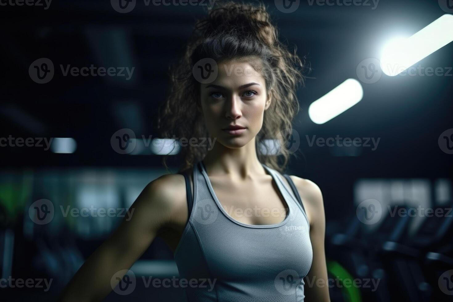 Beautiful woman has fitness exercises in gym. Generative AI photo