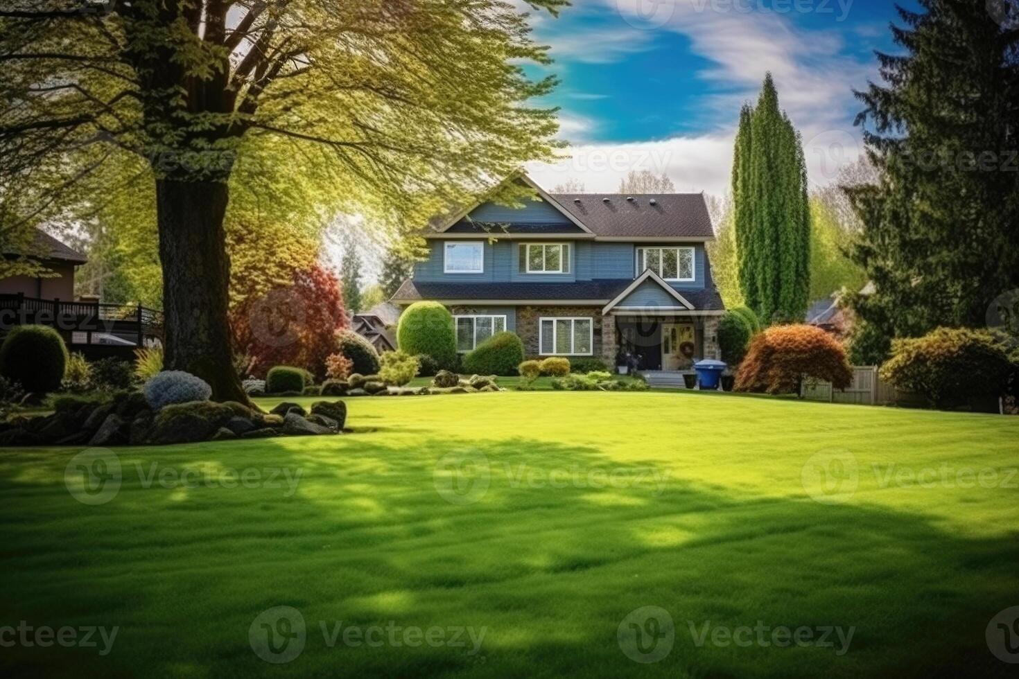 tradicional americano casa fachada en suburbio. generativo ai foto