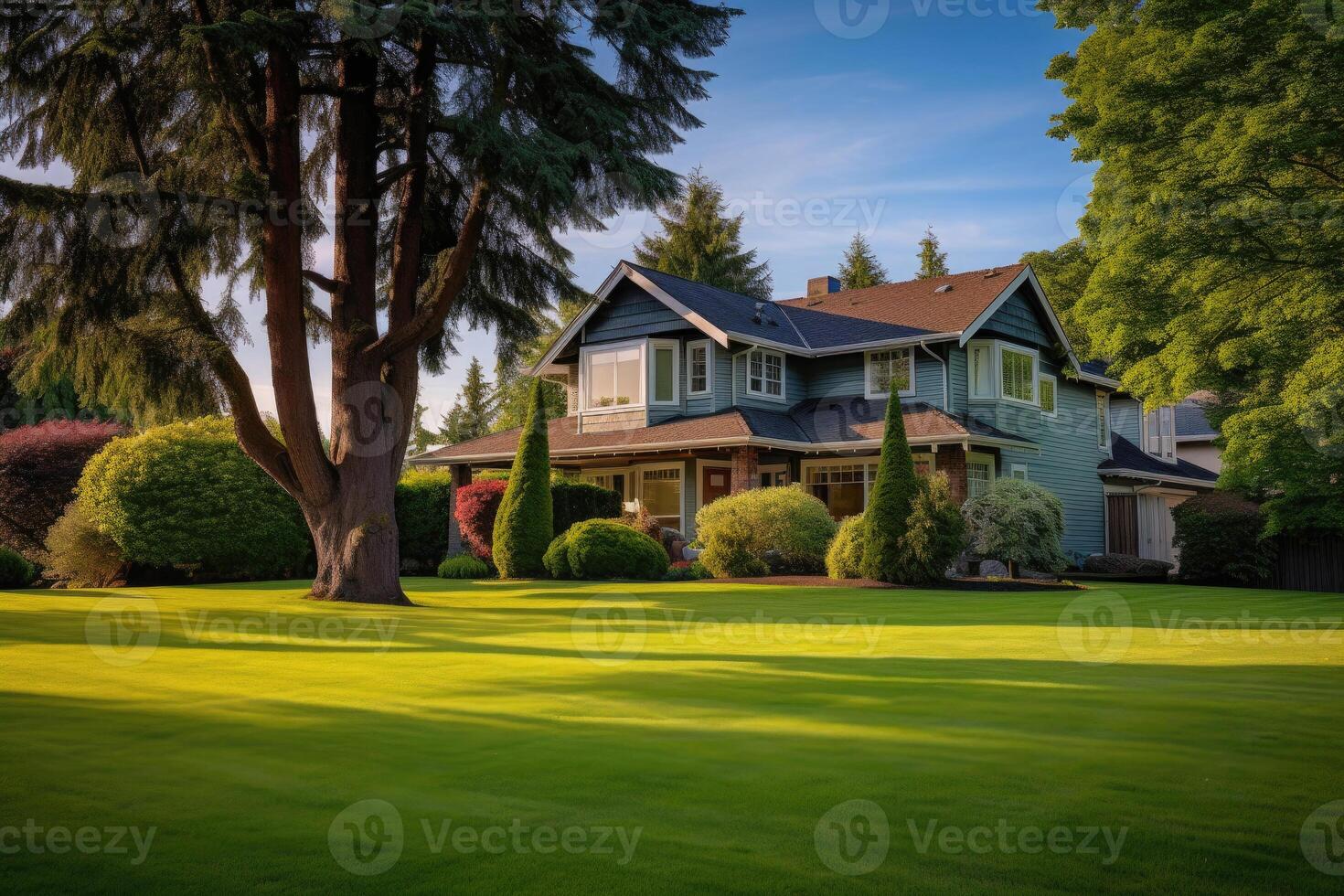 tradicional americano casa fachada en suburbio. generativo ai foto