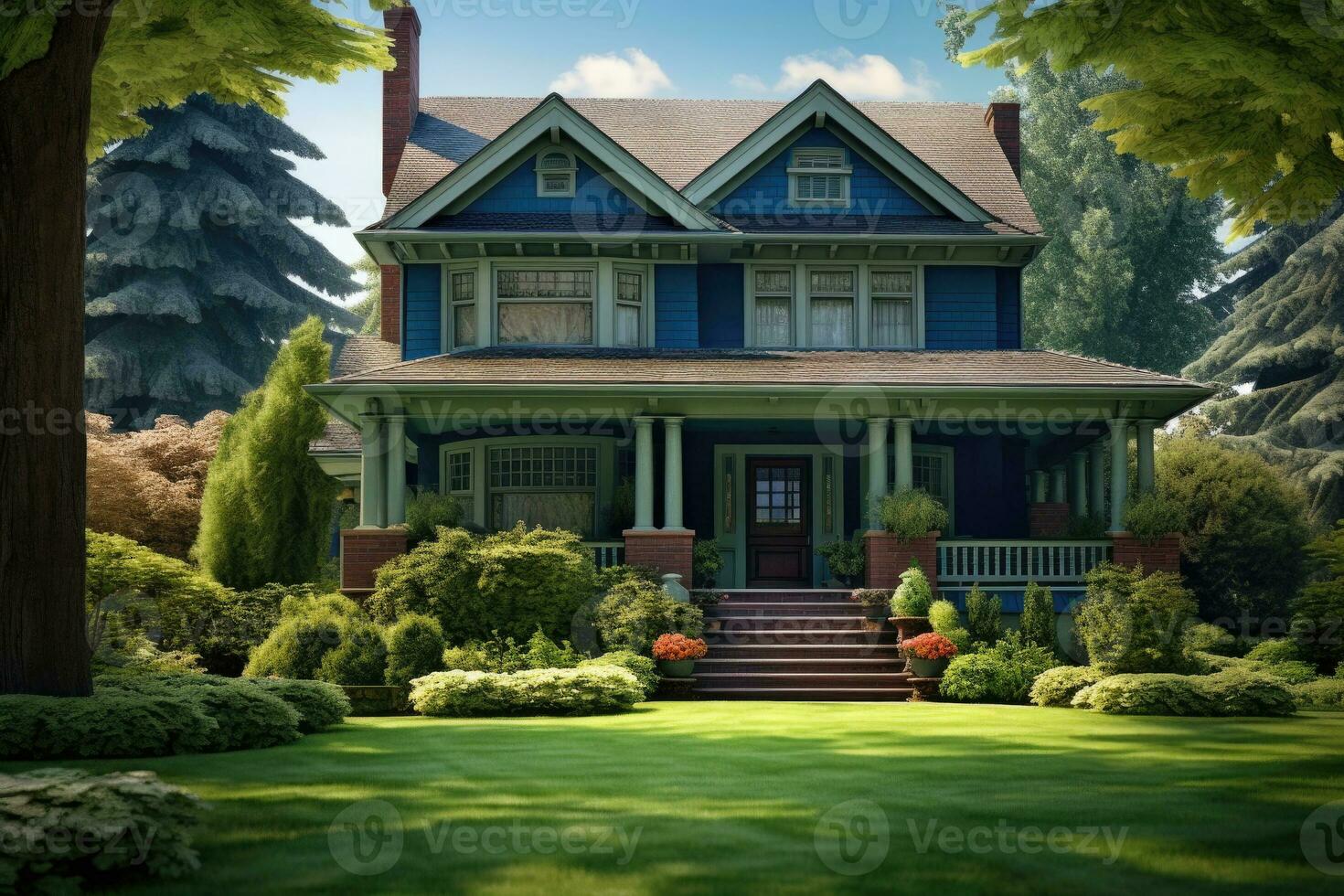 Traditional american house facade in suburb. Generative AI photo