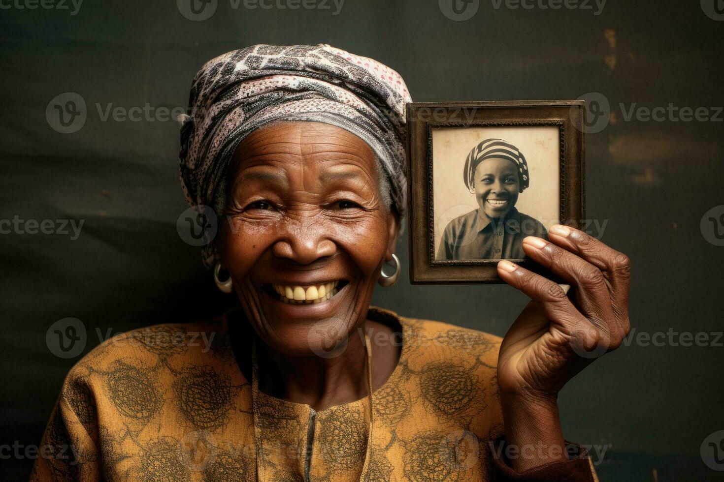 Elderly black woman holds an old photograph in her hands. Generative AI photo