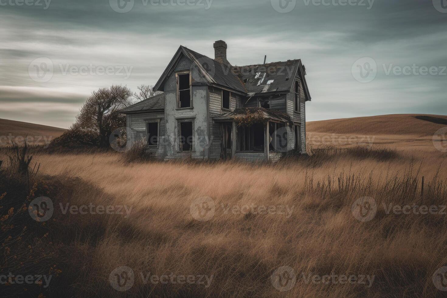 Abandoned house in the field. Generative AI photo