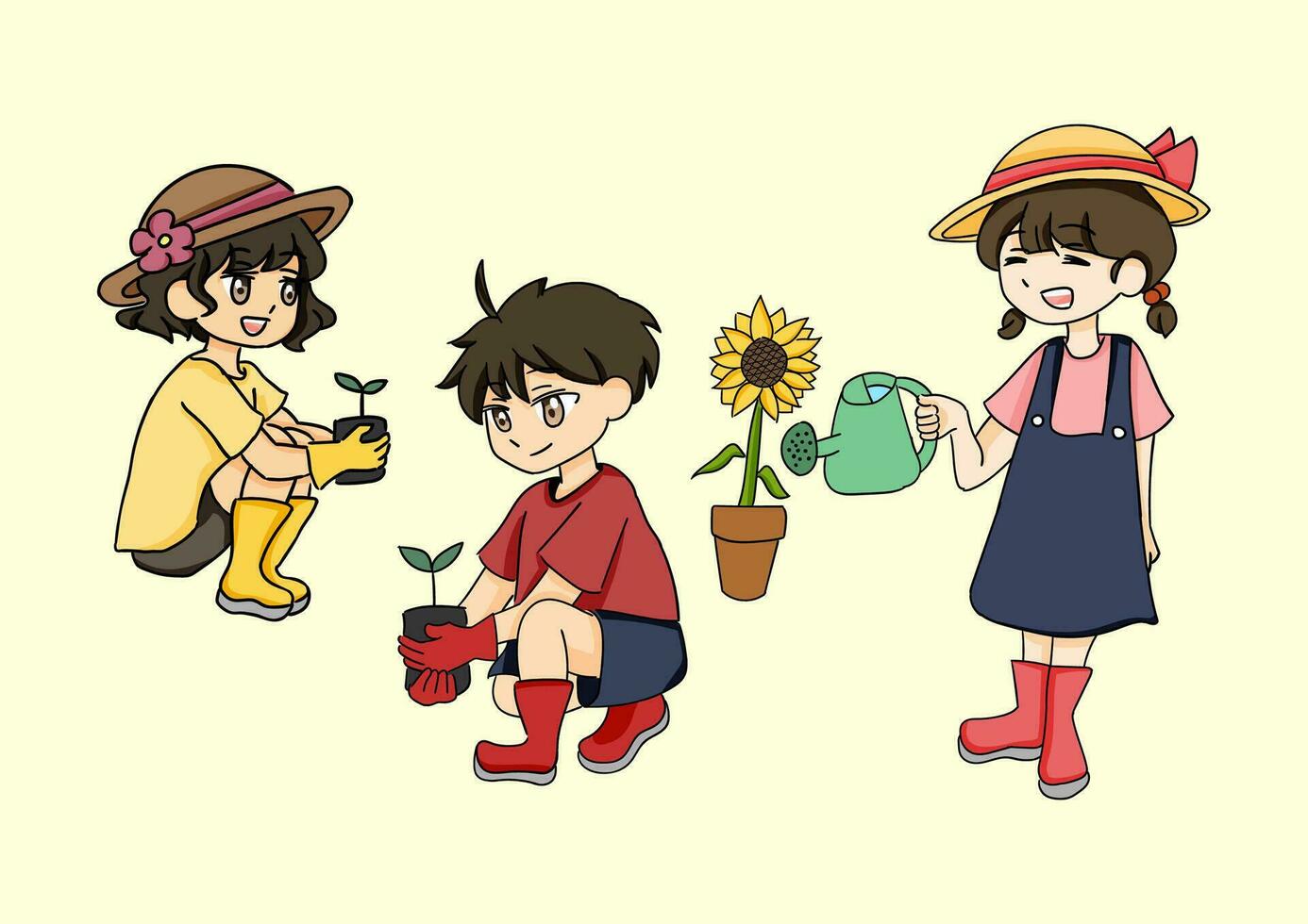 hand drawn illustration kids characters doing gardening vector