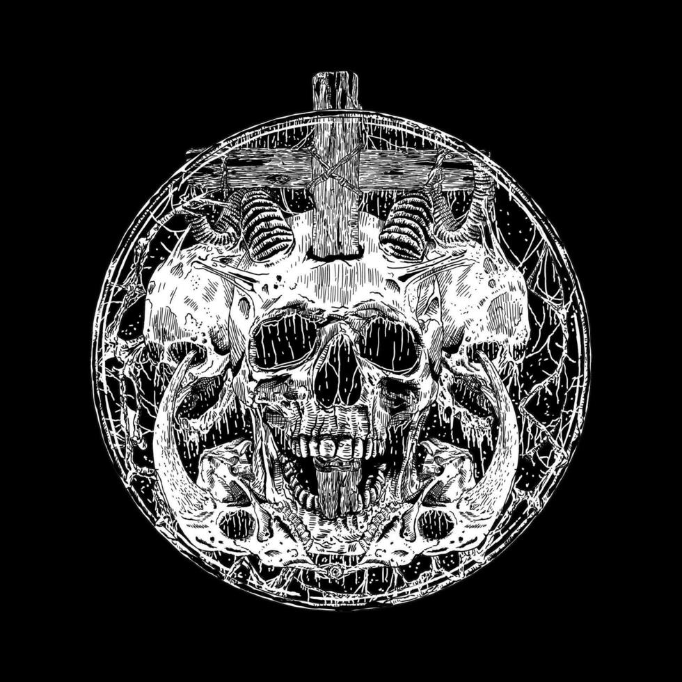 hand drawn skull death metal illustration dark art style vector