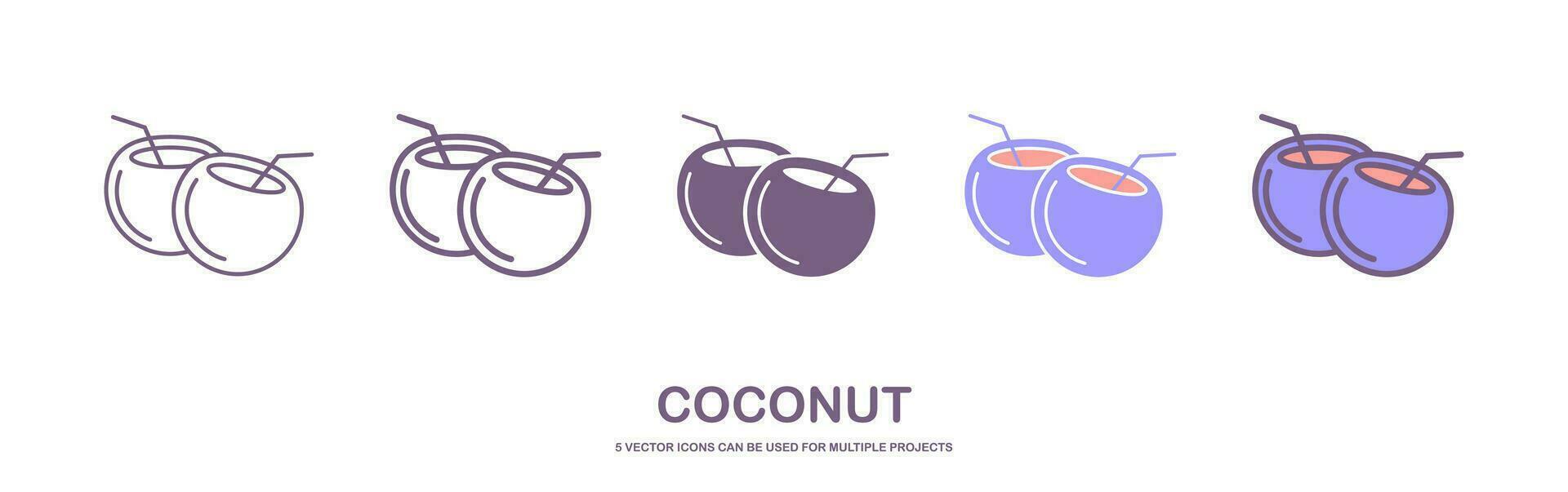 Coconut icon of 5 types. coconut vector illustration. Isolated vector sign symbol.