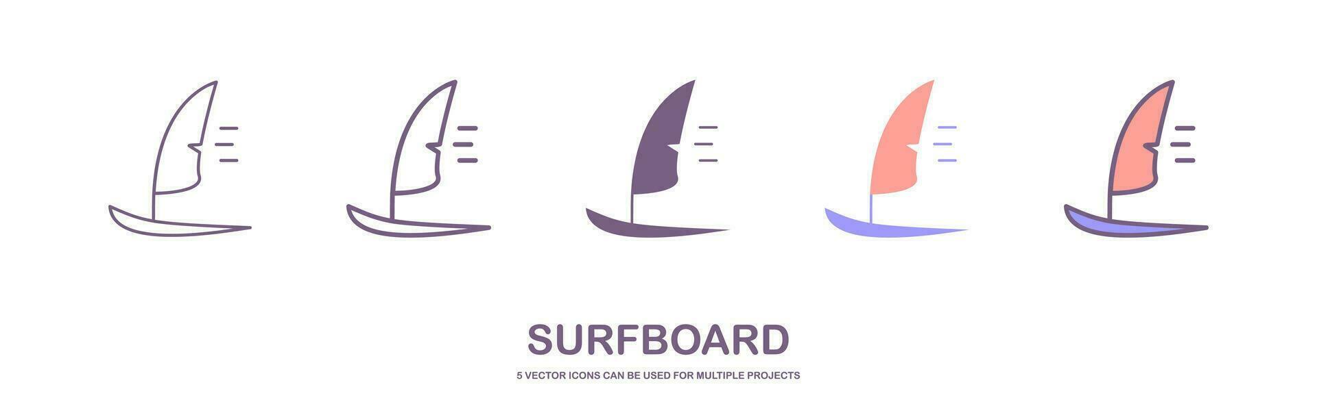 Cartoon surf board for wave, Surfboard front, top and side view. Surfer for water sport. surfing emblems, icon and label. Surfboards symbol. summer beach activity, surfing on sea waves sport. vector