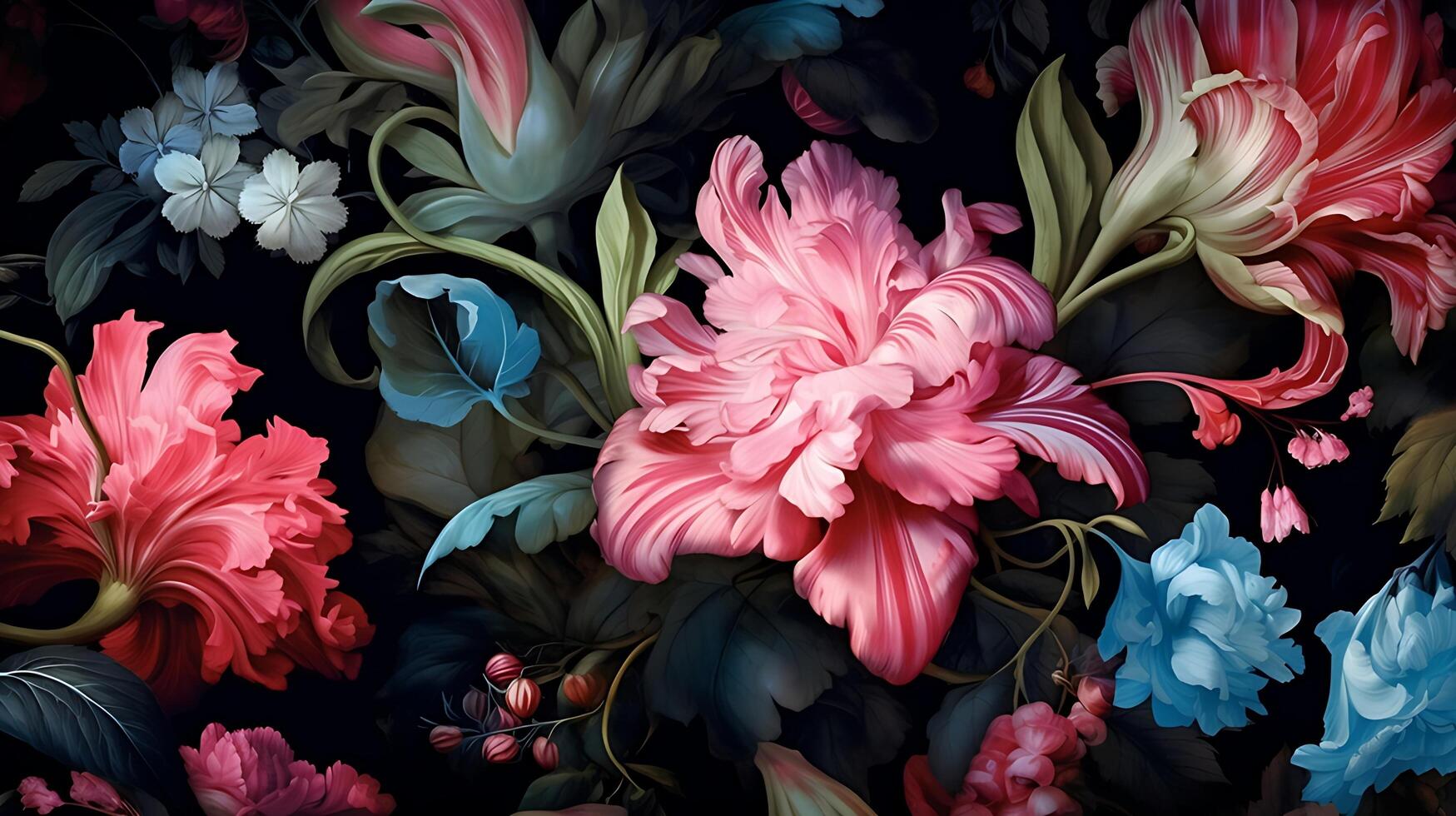 Beautiful Flowers pattern on black bakcground. AI Generated photo