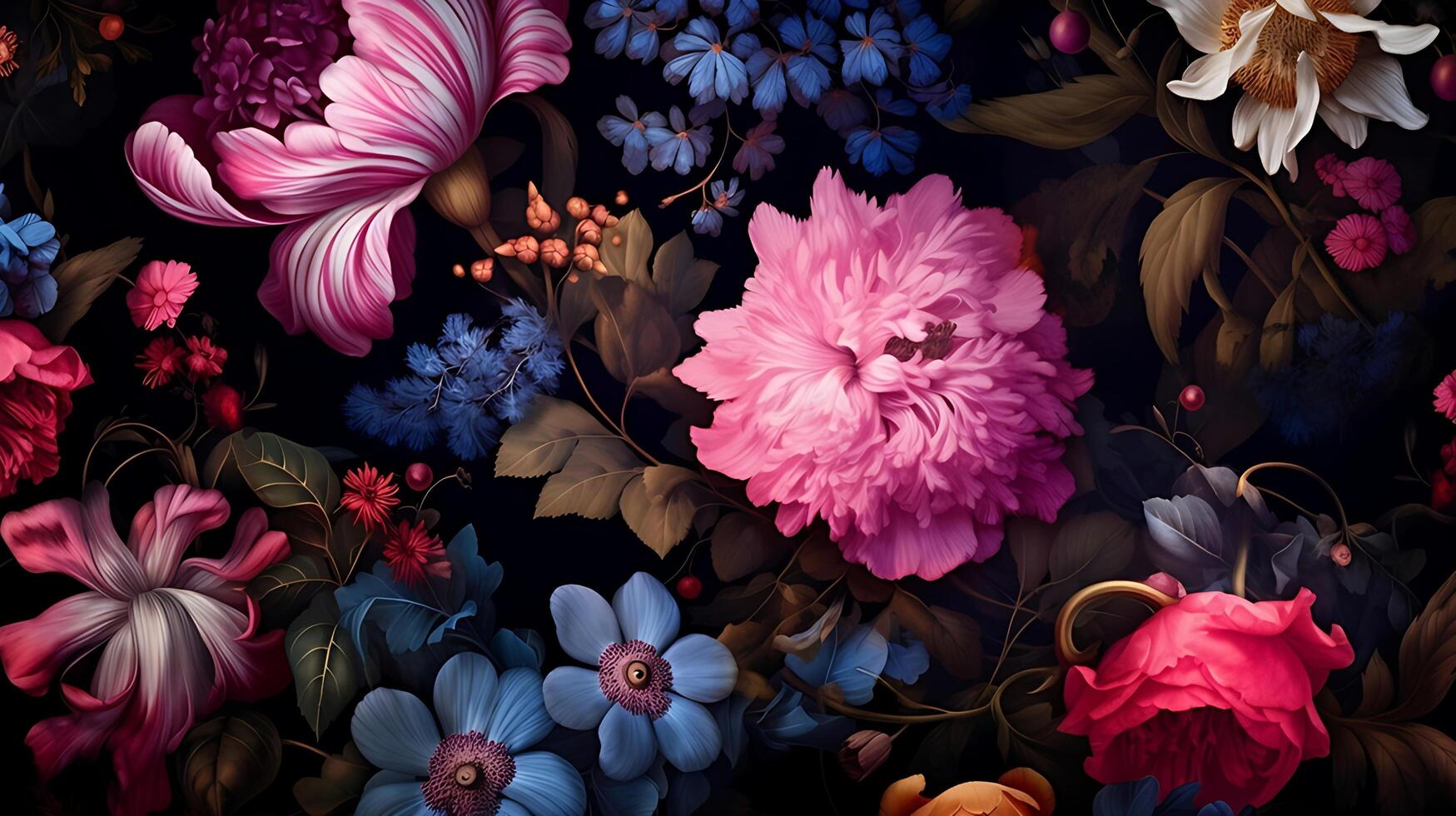 Beautiful Flowers pattern on black bakcground. AI Generated photo