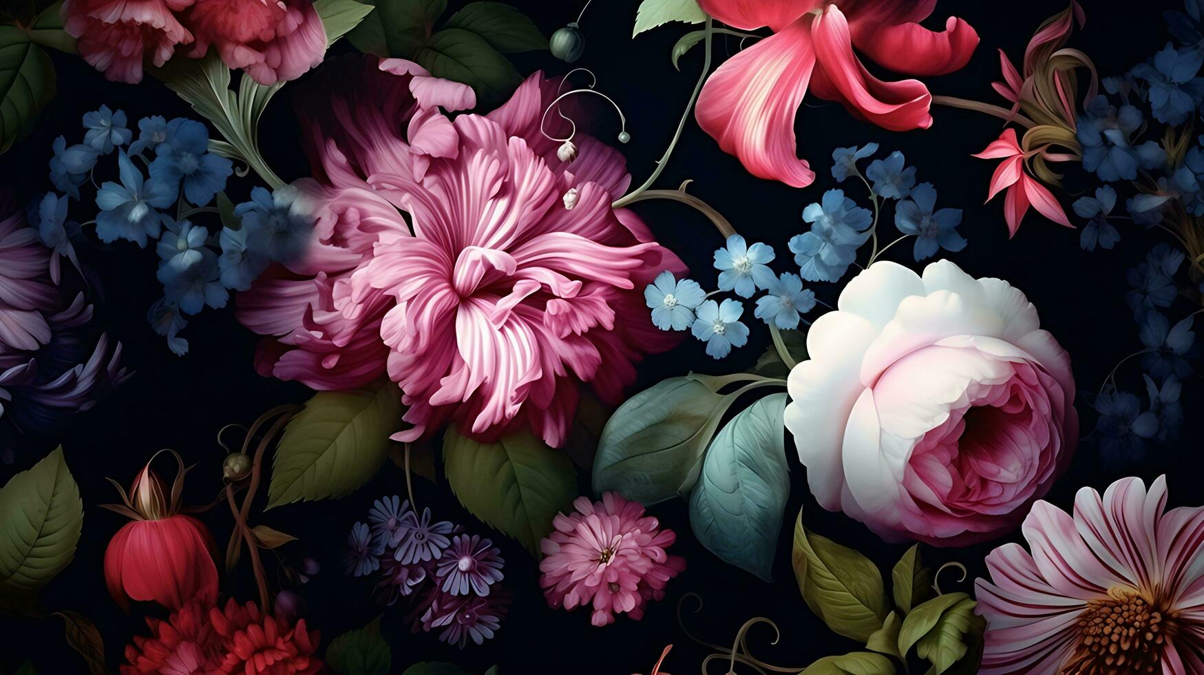 Beautiful Flowers pattern on black bakcground. AI Generated photo