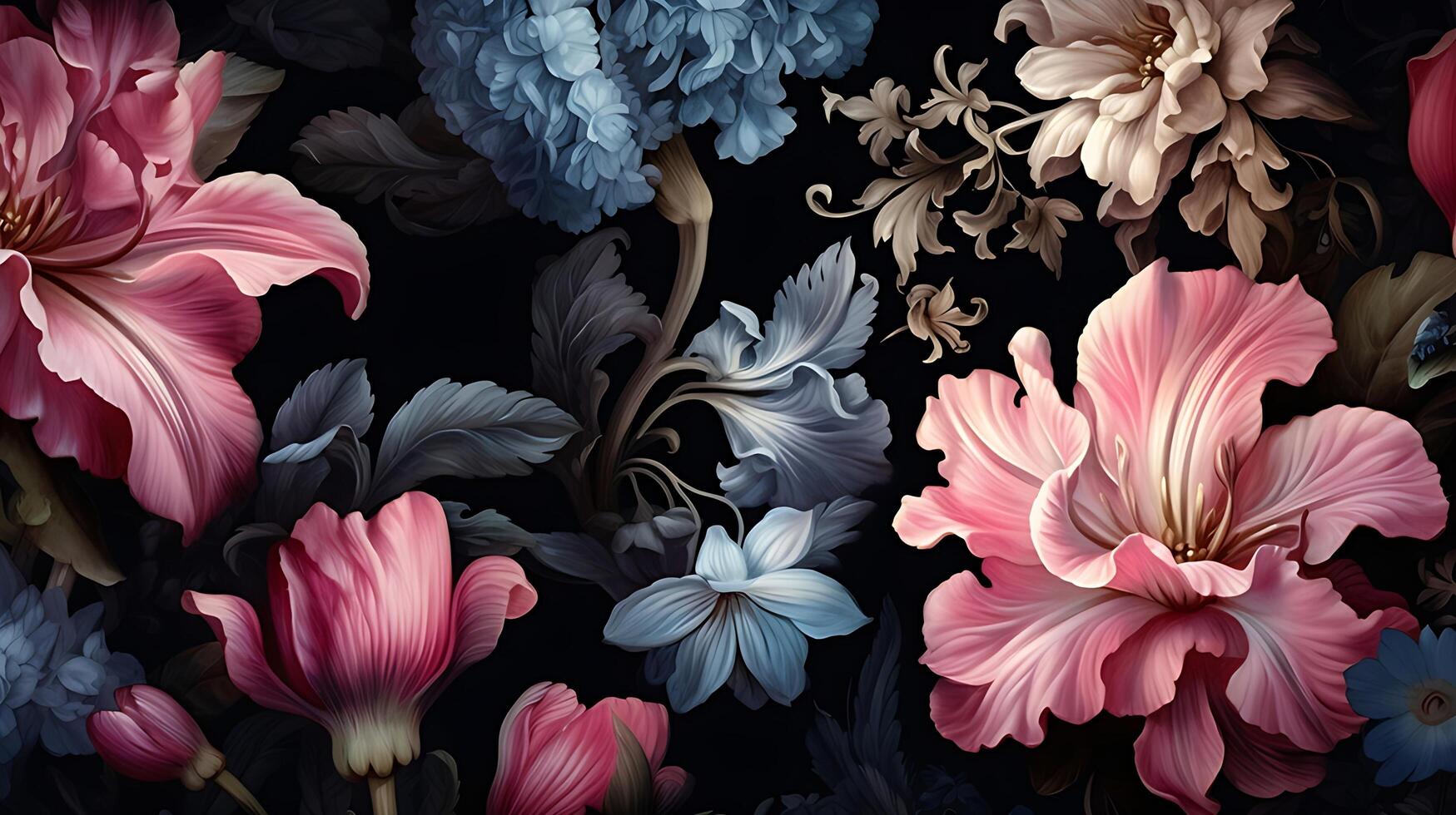 Beautiful Flowers pattern on black bakcground. AI Generated photo