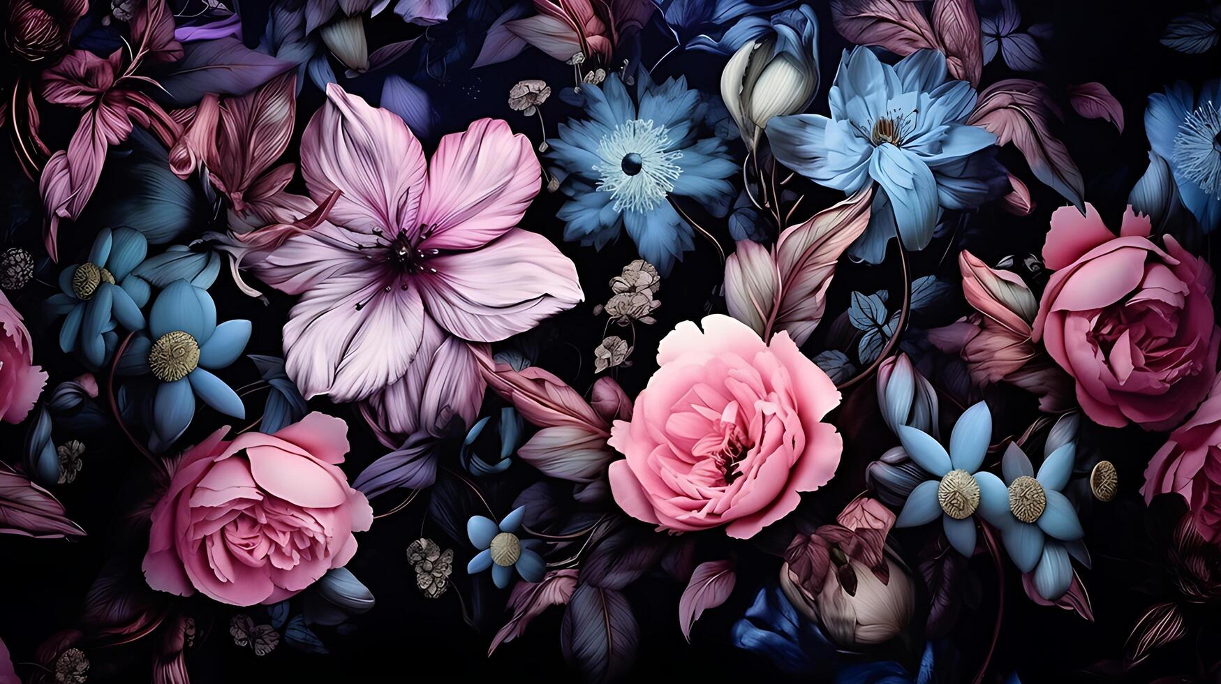 Beautiful Flowers pattern on black bakcground. AI Generated photo