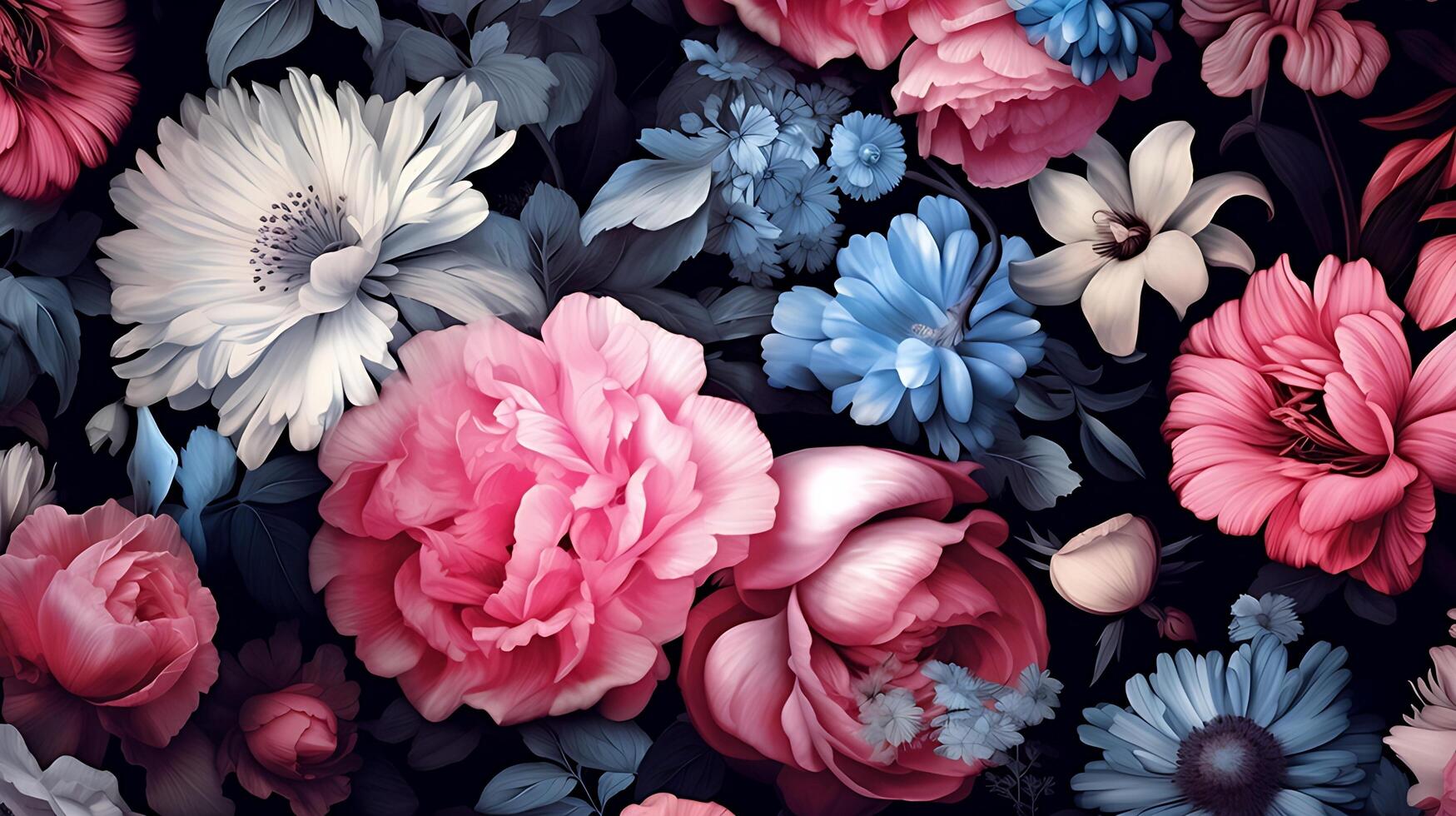 Beautiful Flowers pattern on black bakcground. AI Generated photo