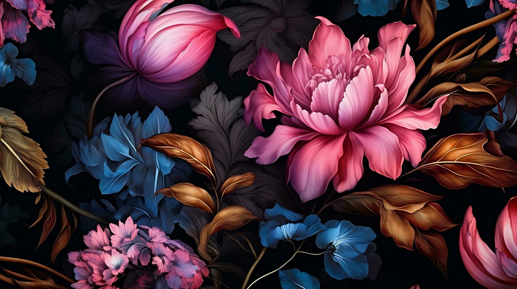 Beautiful Flowers pattern on black bakcground. AI Generated photo