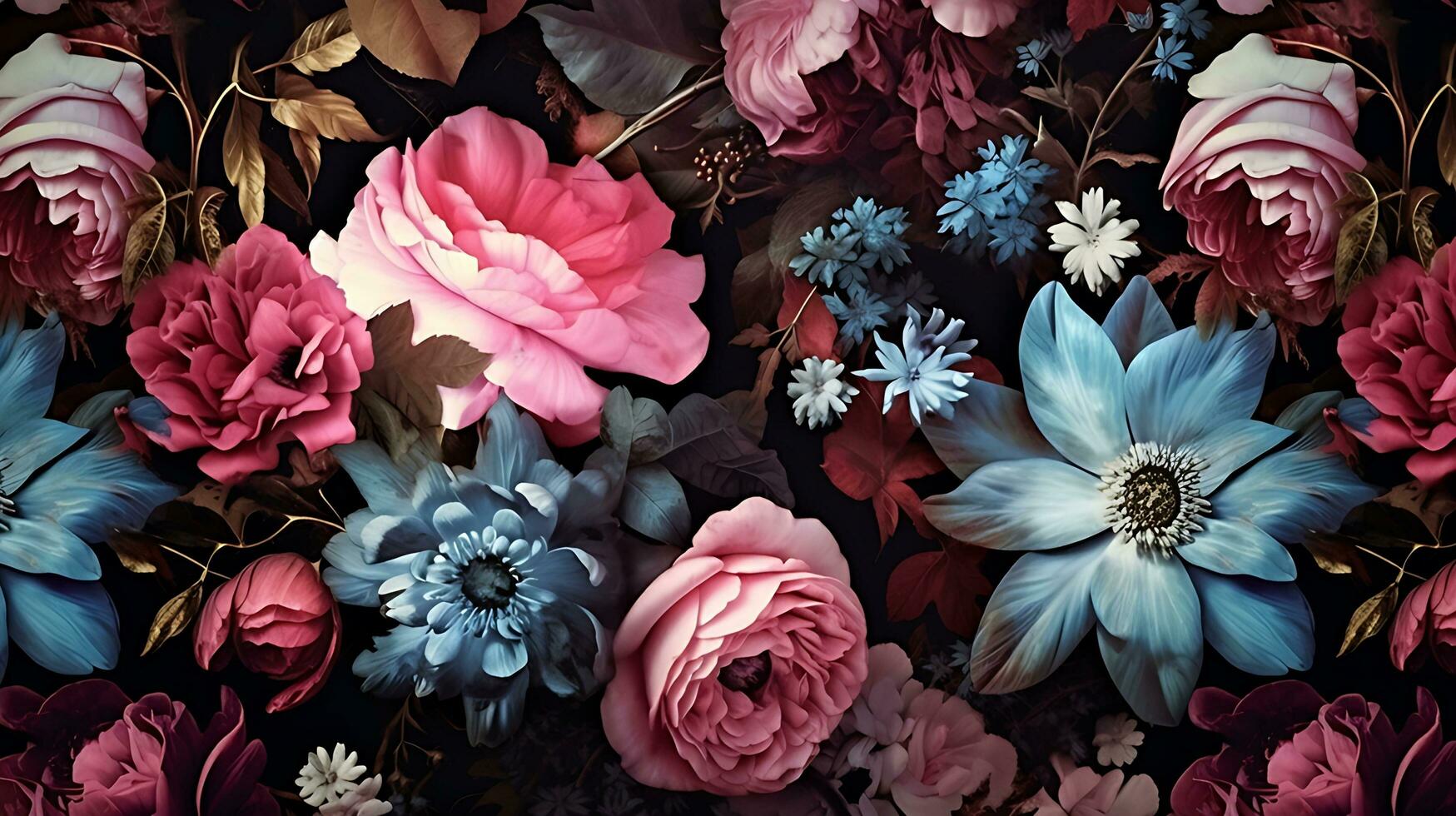 Beautiful Flowers pattern on black bakcground. AI Generated photo