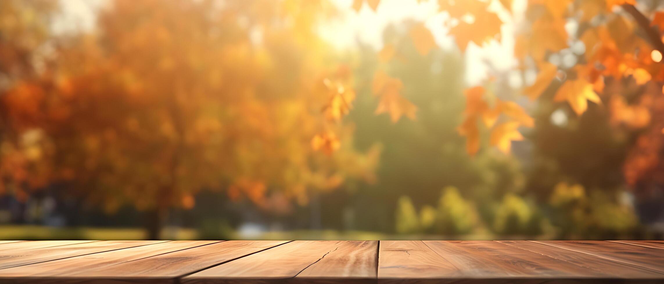 Empty Wooden table in garden of fall time. photo