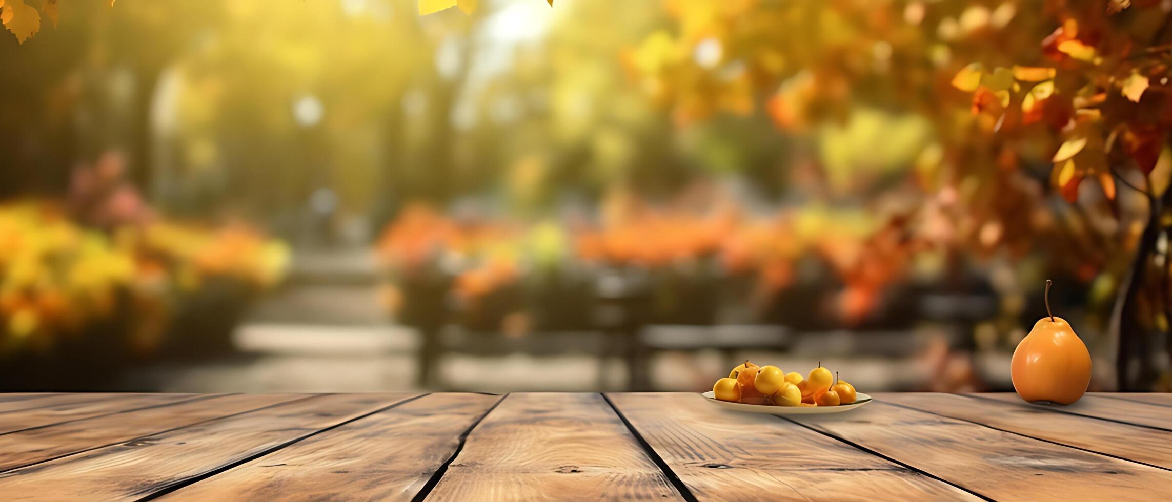 Empty Wooden table in garden of fall time. photo