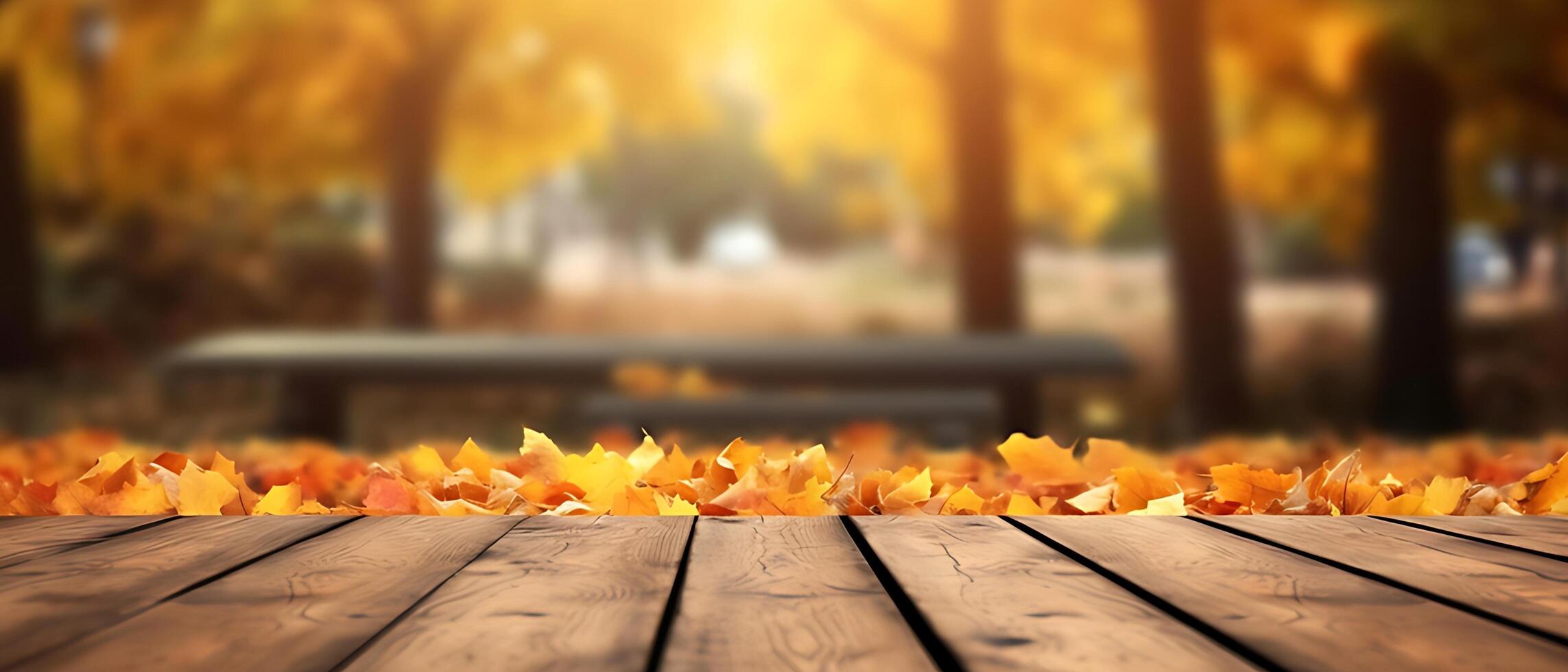Empty Wooden table in garden of fall time. photo