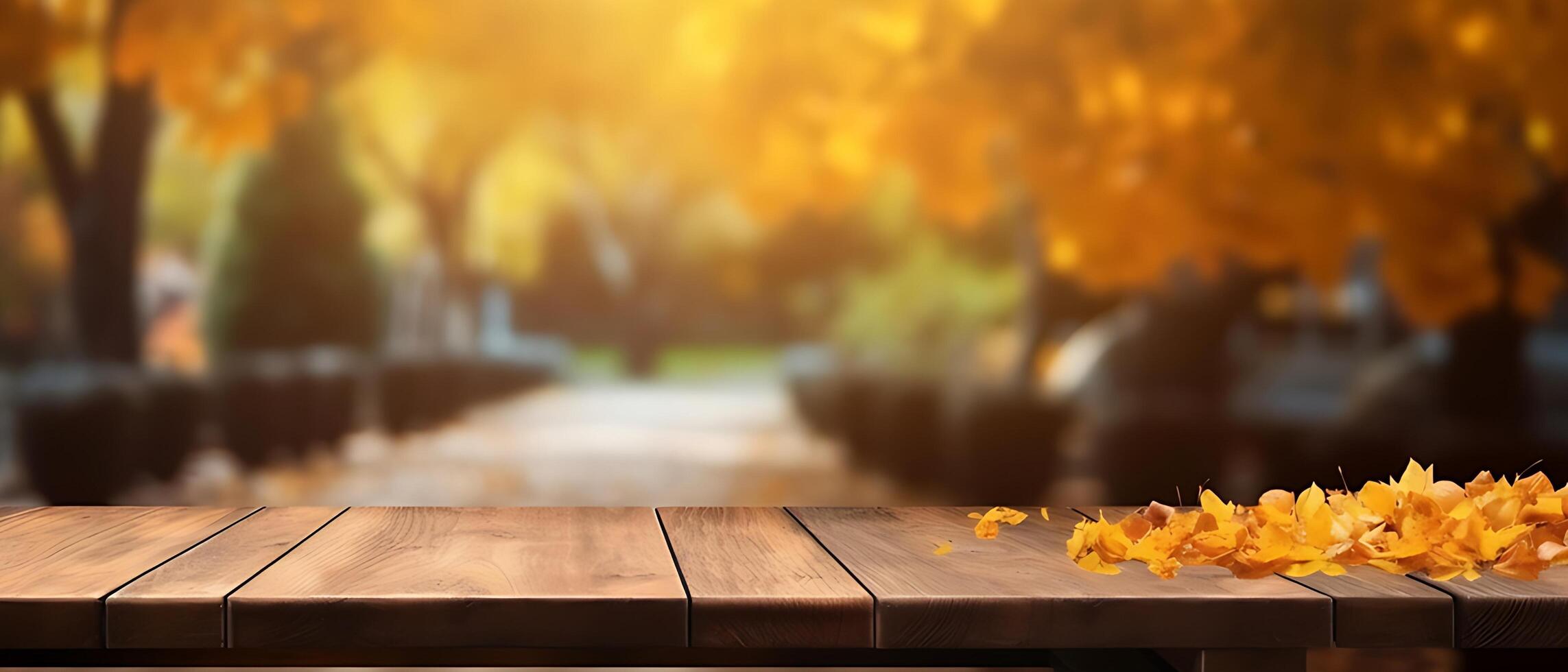 Empty Wooden table in garden of fall time. photo