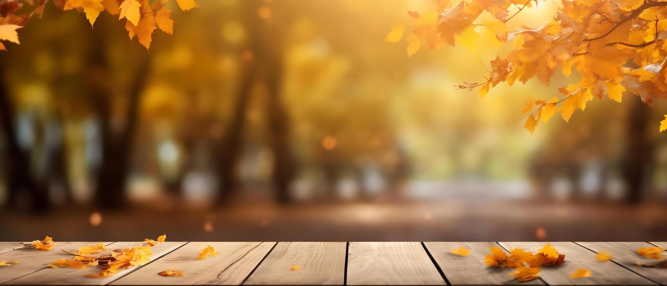 Empty Wooden table in garden of fall time. photo
