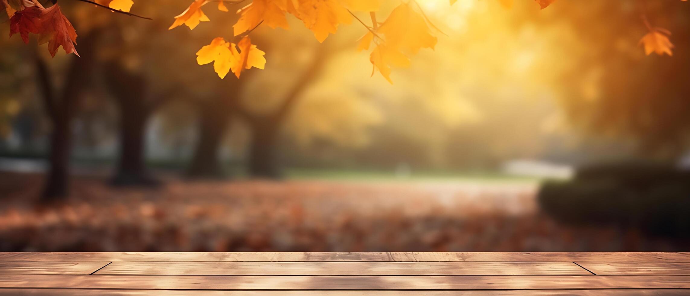 Empty Wooden table in garden of fall time. photo
