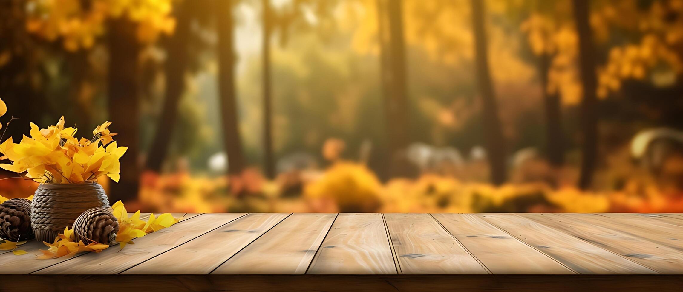 Empty Wooden table in garden of fall time. photo