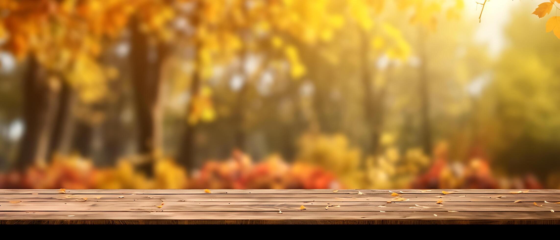 Empty Wooden table in garden of fall time. photo