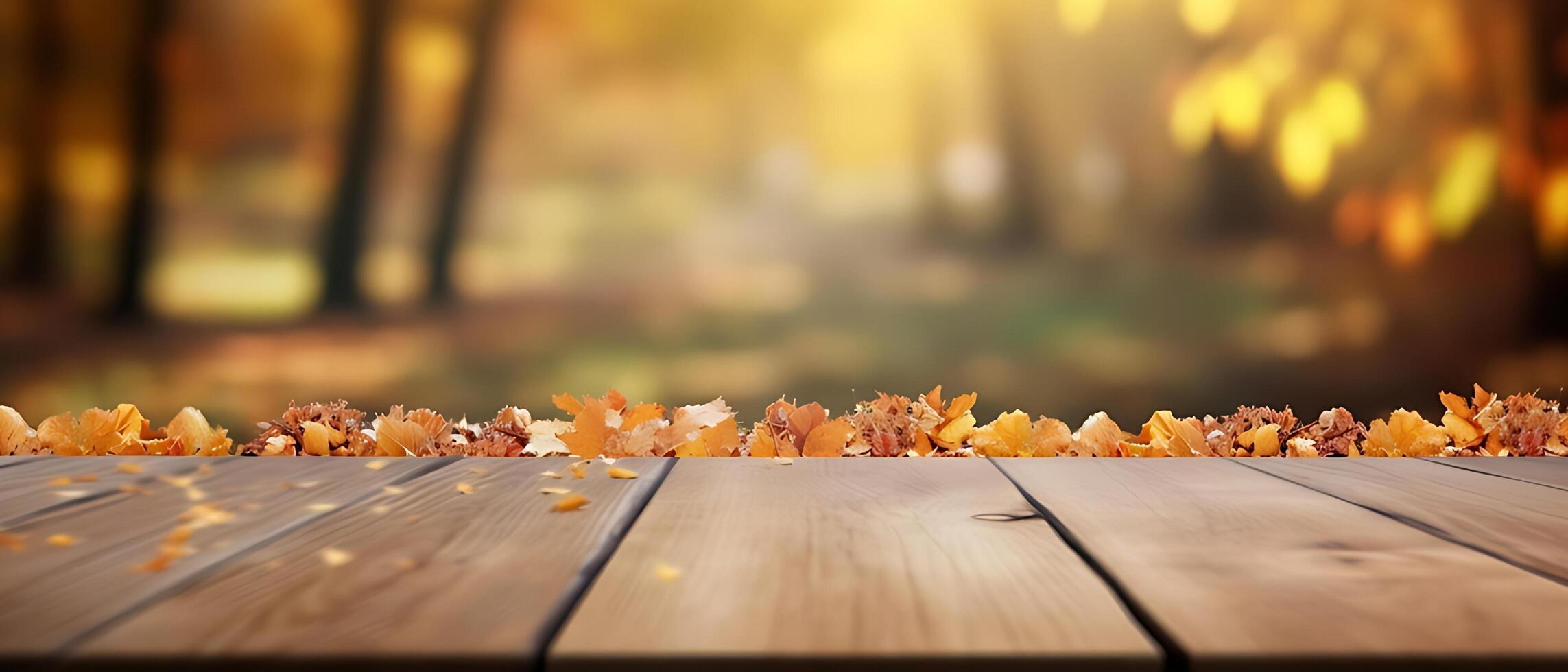 Empty Wooden table in garden of fall time. photo