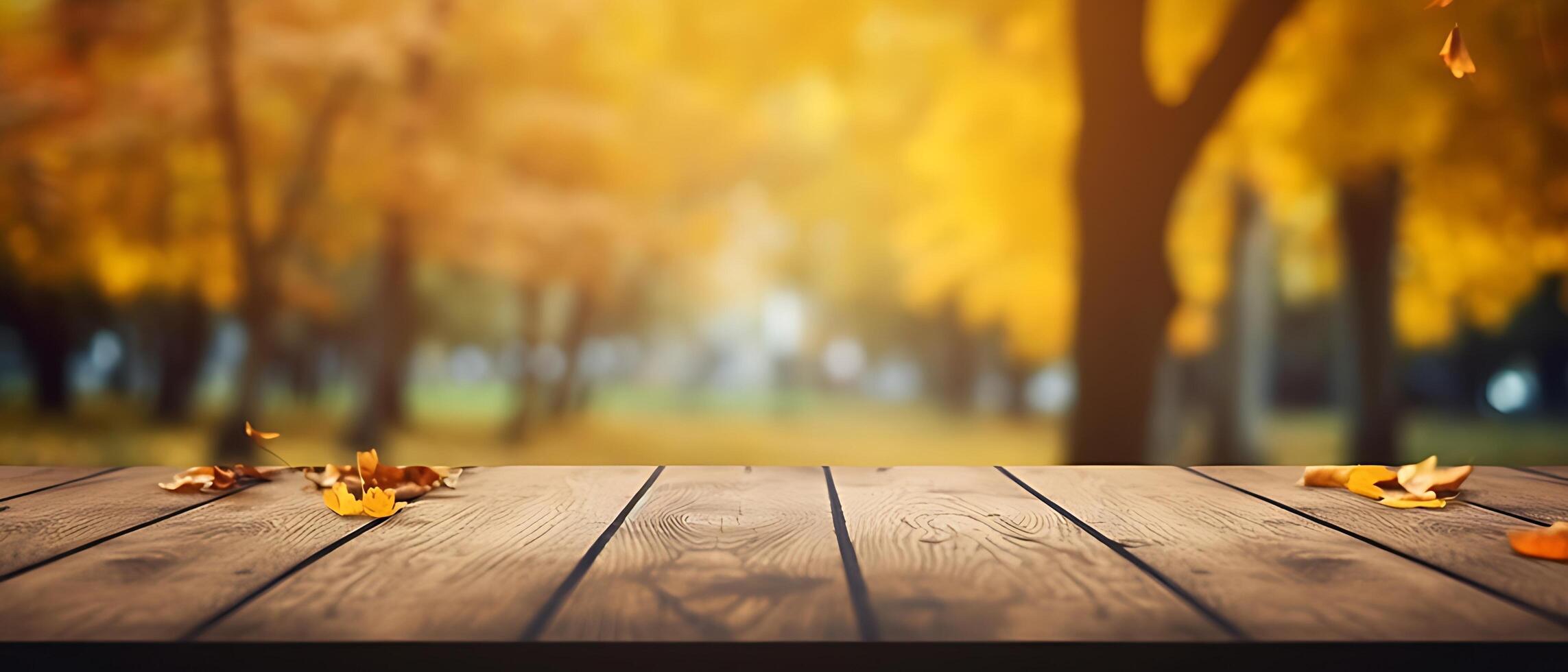 Empty Wooden table in garden of fall time. photo