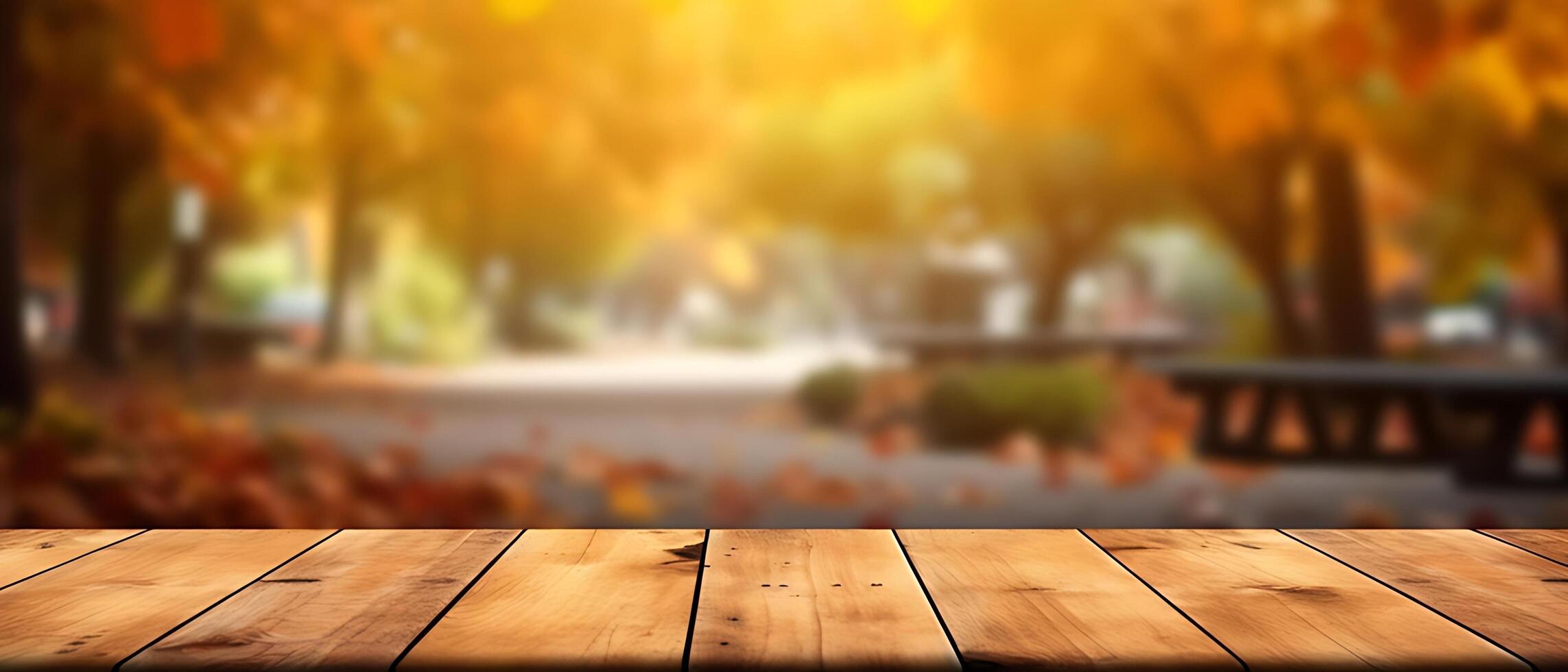 Empty Wooden table in garden of fall time. photo