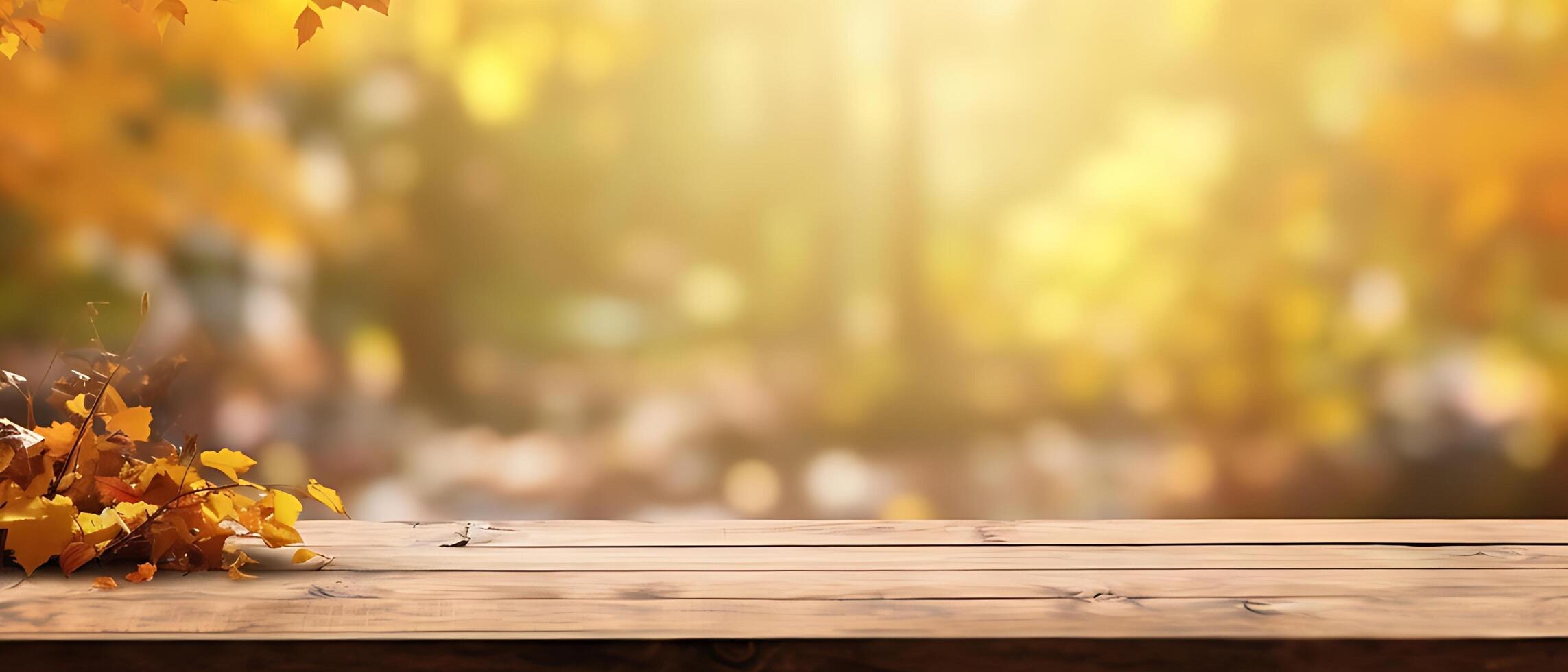 Empty Wooden table in garden of fall time. photo