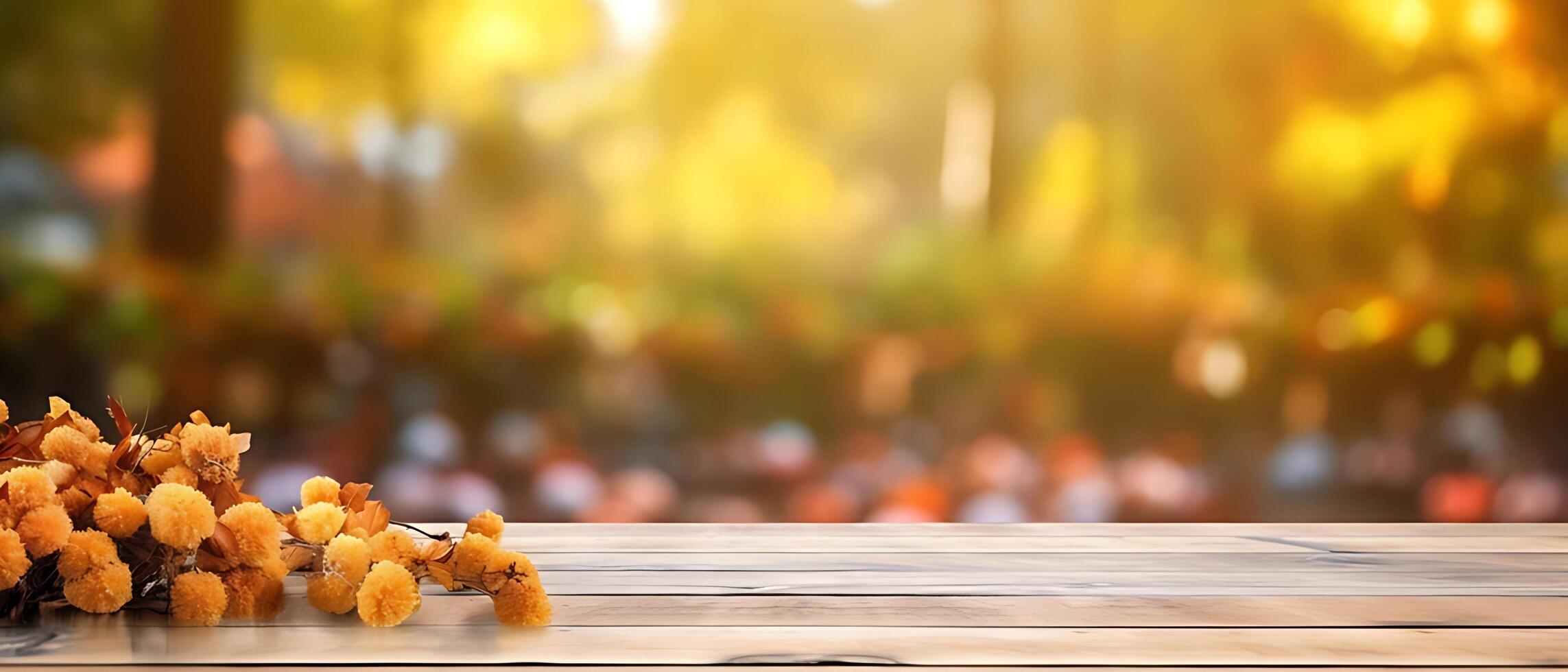 Empty Wooden table in garden of fall time. photo
