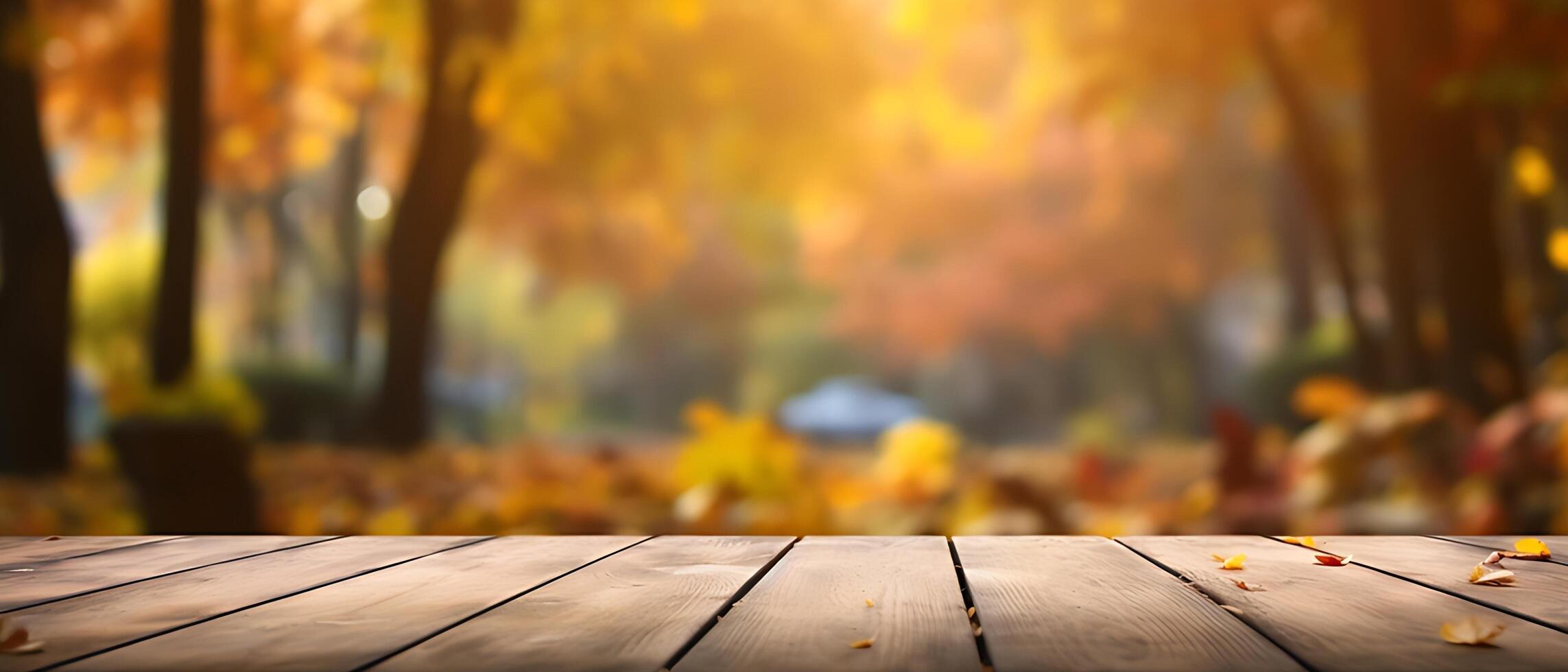 Empty Wooden table in garden of fall time. photo